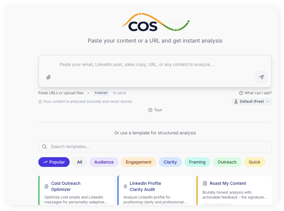 COS input area—paste your marketing content, website copy, or any business content to analyze