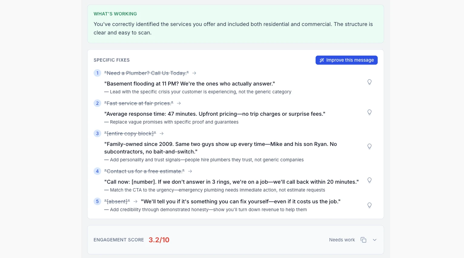 COS Chat showing per-framework rewrites with before/after diffs for an ad analysis.